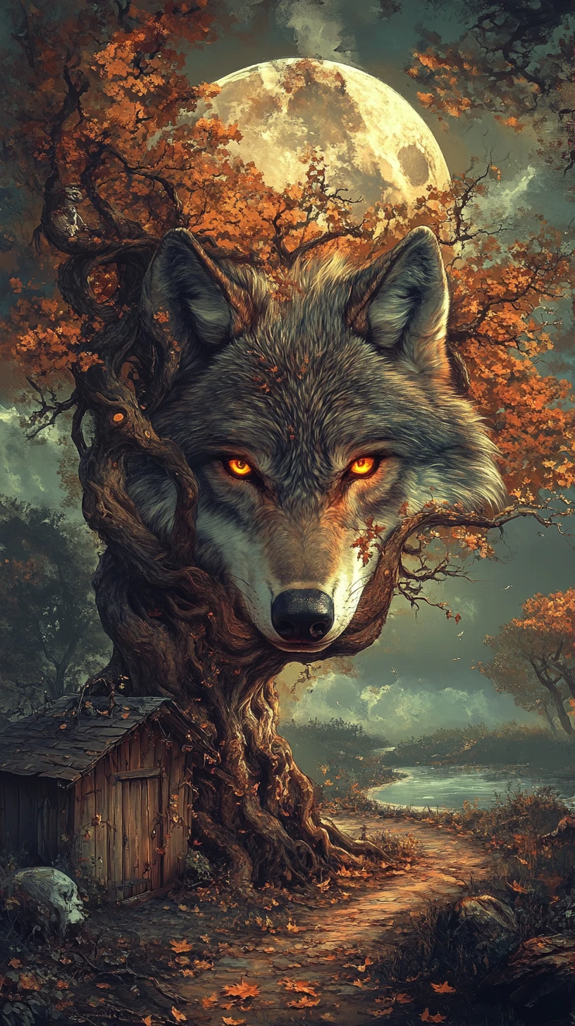 Majestic wolf fused with moon and ancient tree
