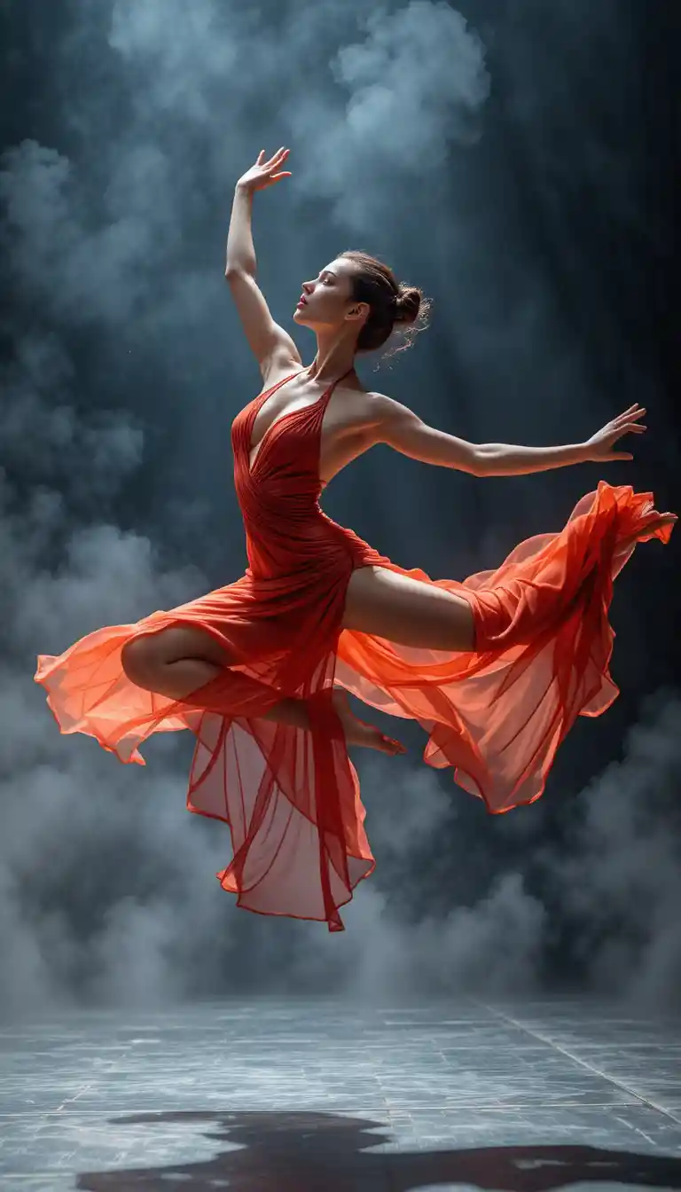 Bailarina saltando con vestido rojo translúcido y fluido