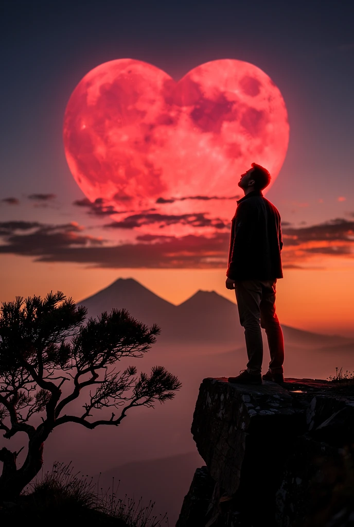 Hombre en un acantilado mirando la luna brillante en forma de corazón al atardecer