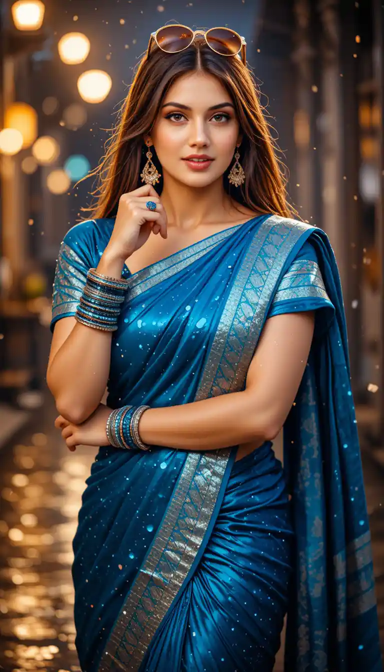 Playful South Indian woman in wet blue saree at night