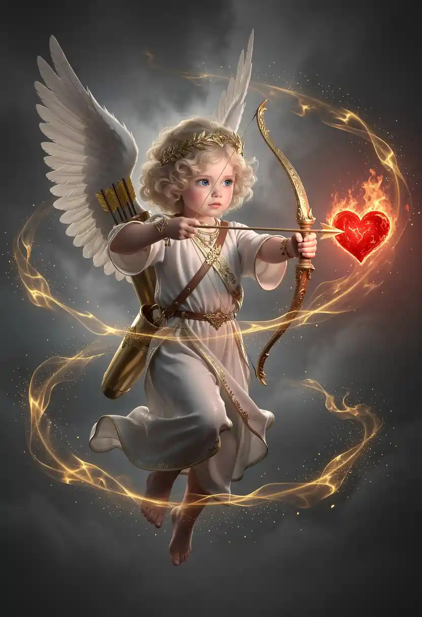Winged cherub aiming a glowing arrow at fiery heart