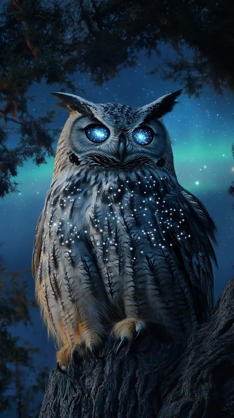 Owl With Silver Eyes On Ancient Tree At Twilight