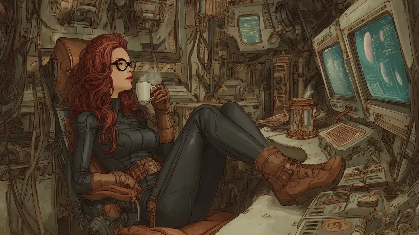 Steampunk woman relaxing in an old spaceship cockpit