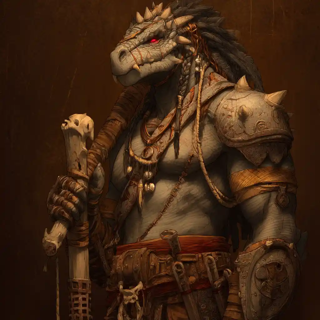 Dragonborn barbarian with bone club and brass scaled skin