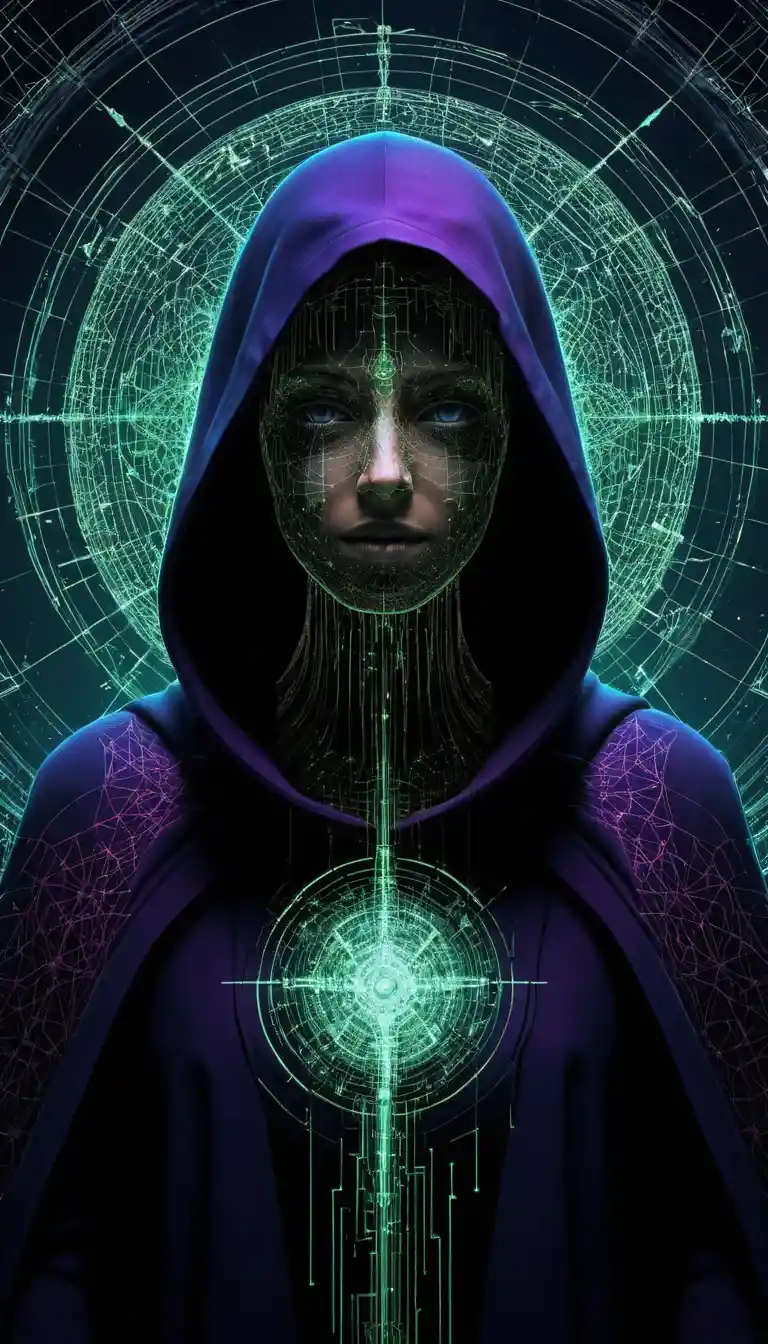 Hooded void woman formed from binary code and light