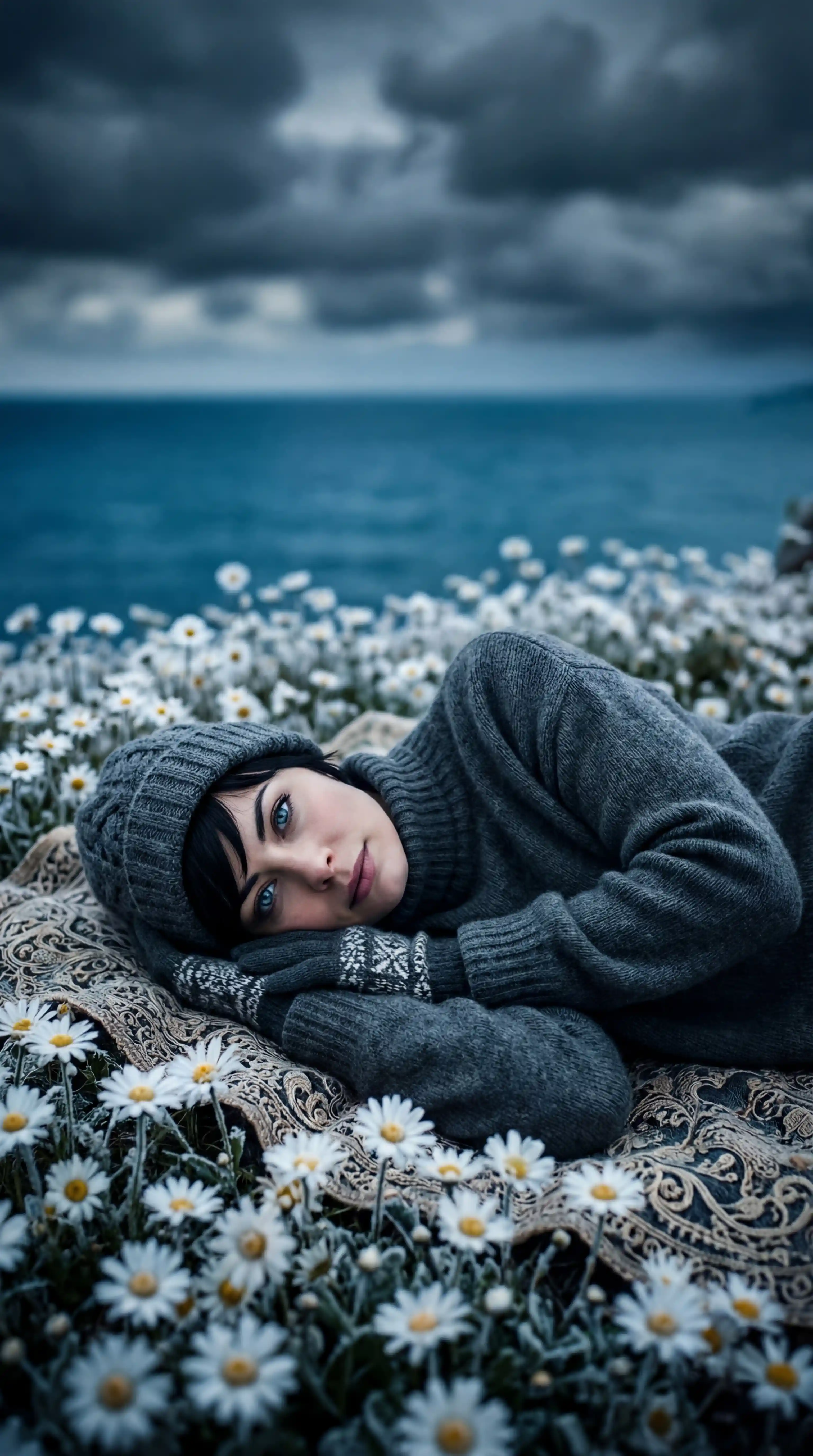 Woman resting on a blanket in a frozen daisy field
