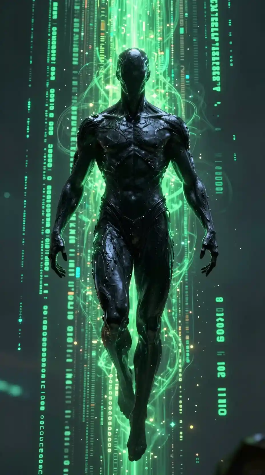 Divine obsidian figure in glowing digital code realm