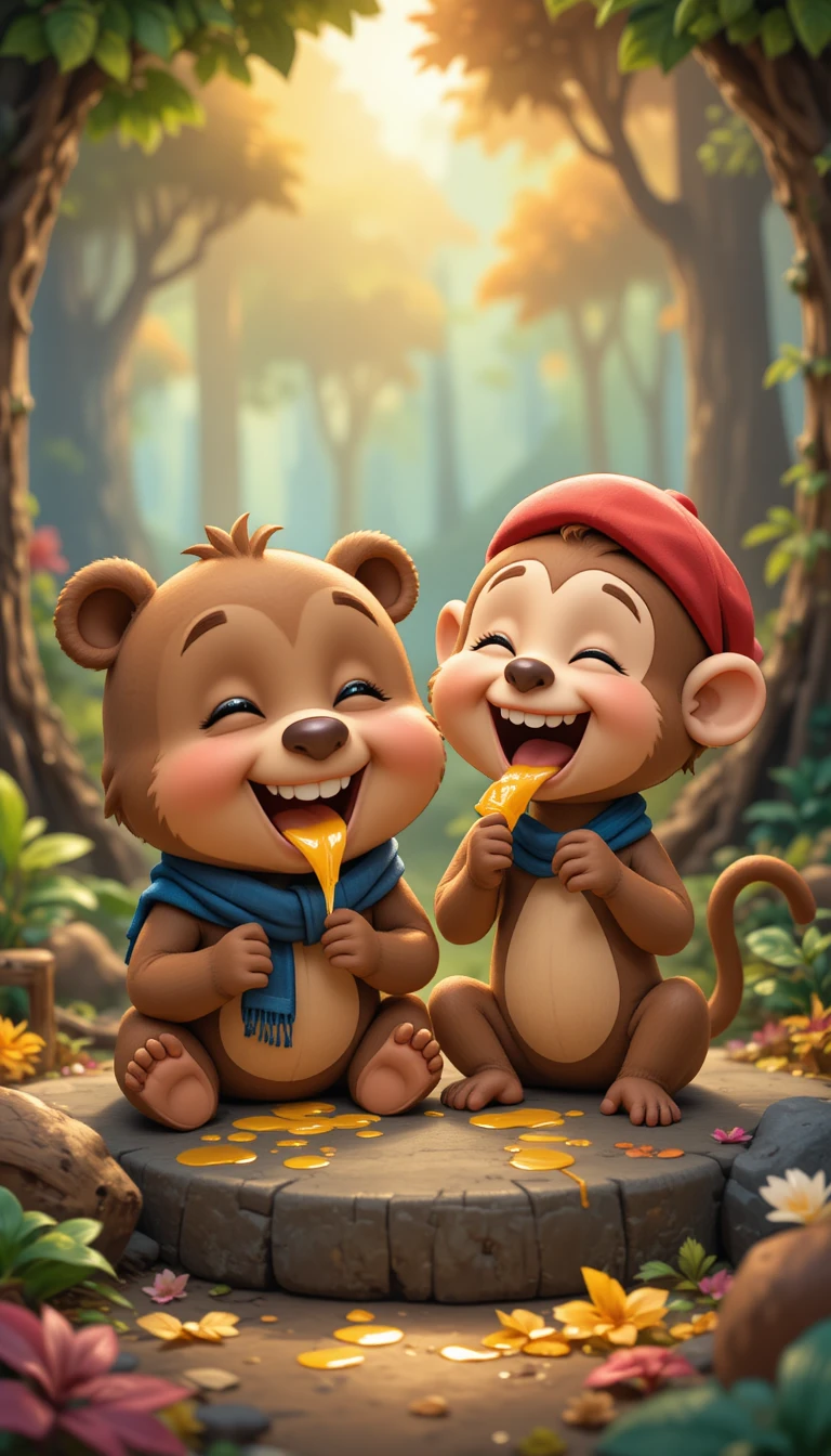Osito y mono adorables compartiendo miel en un bosque colorido