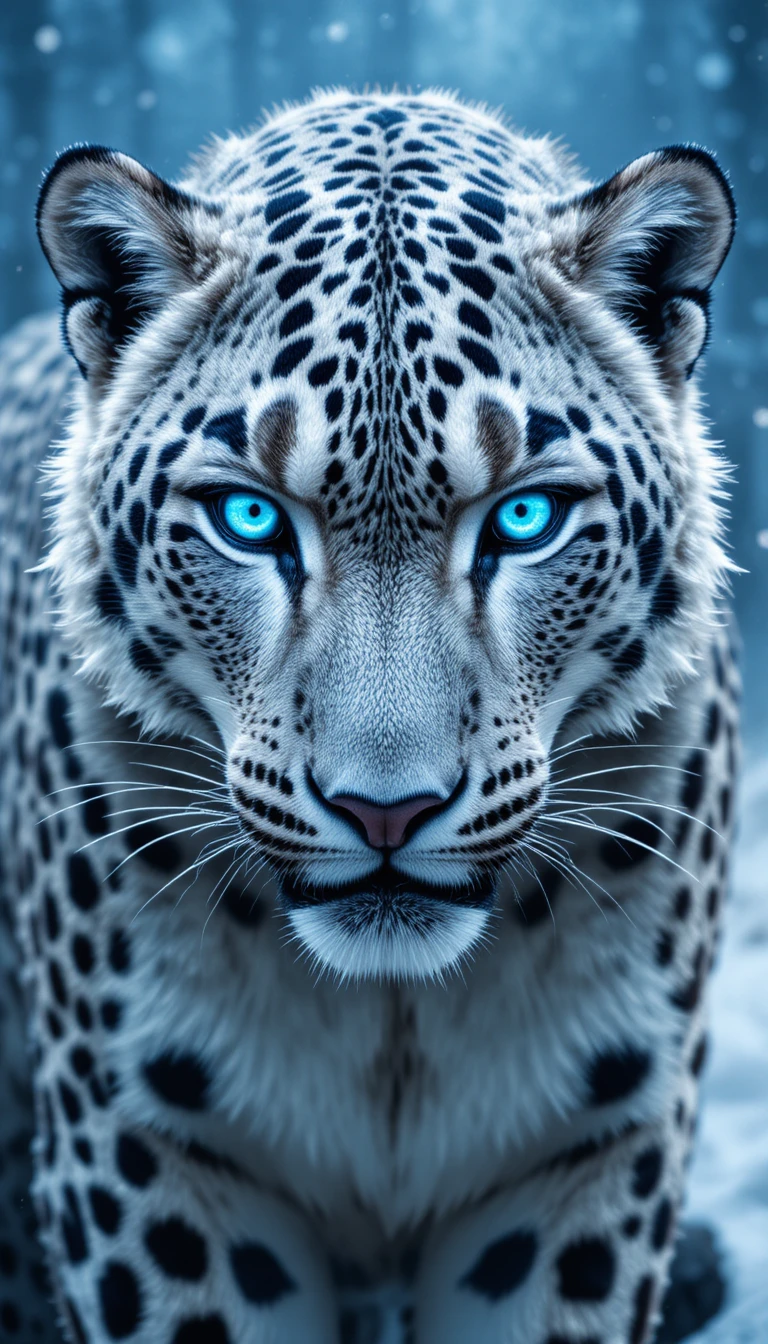 Snow leopard close up with fierce blue eyes and rosettes
