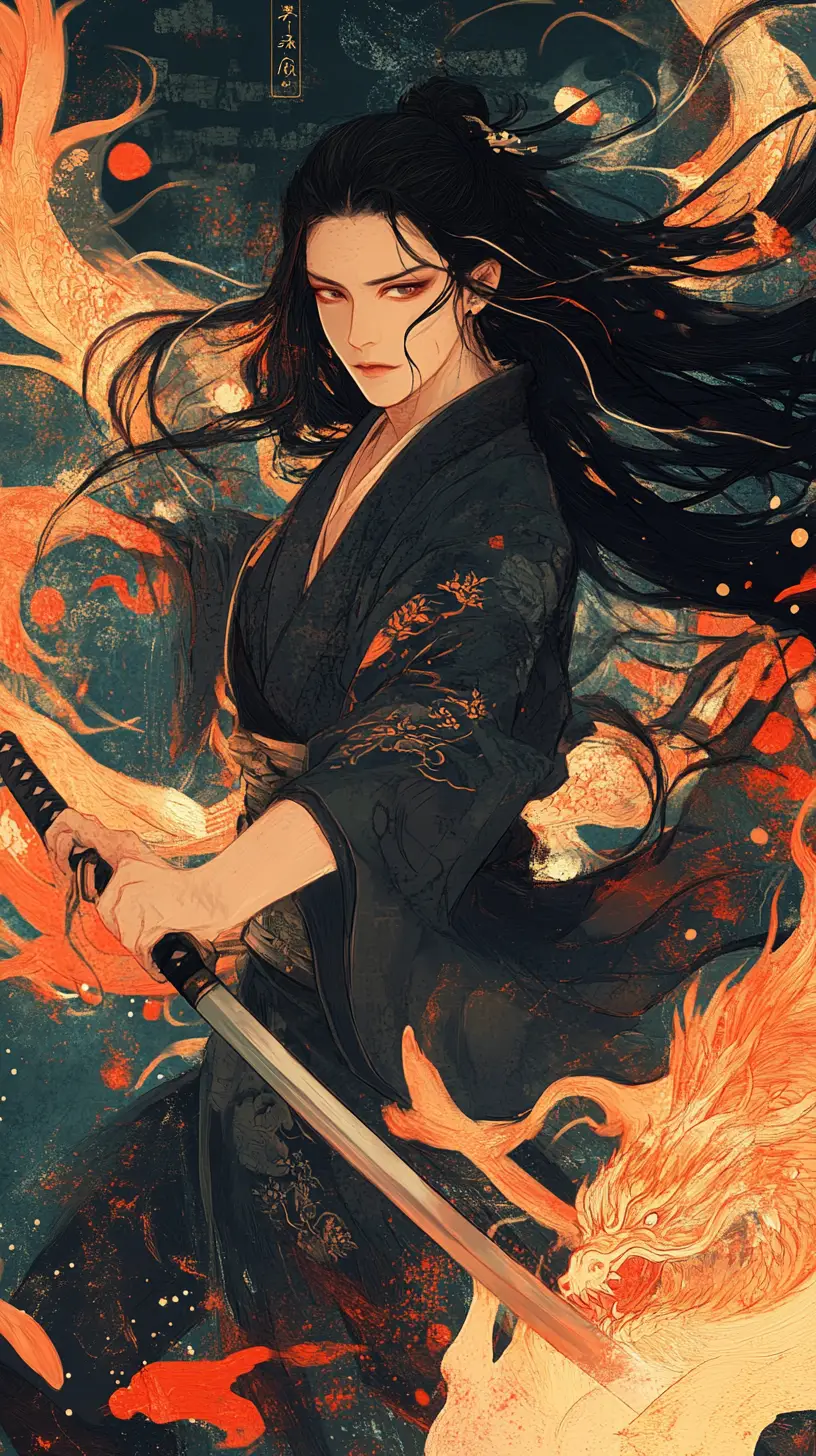 Onmyoji warrior woman with katana amid flames and spirits