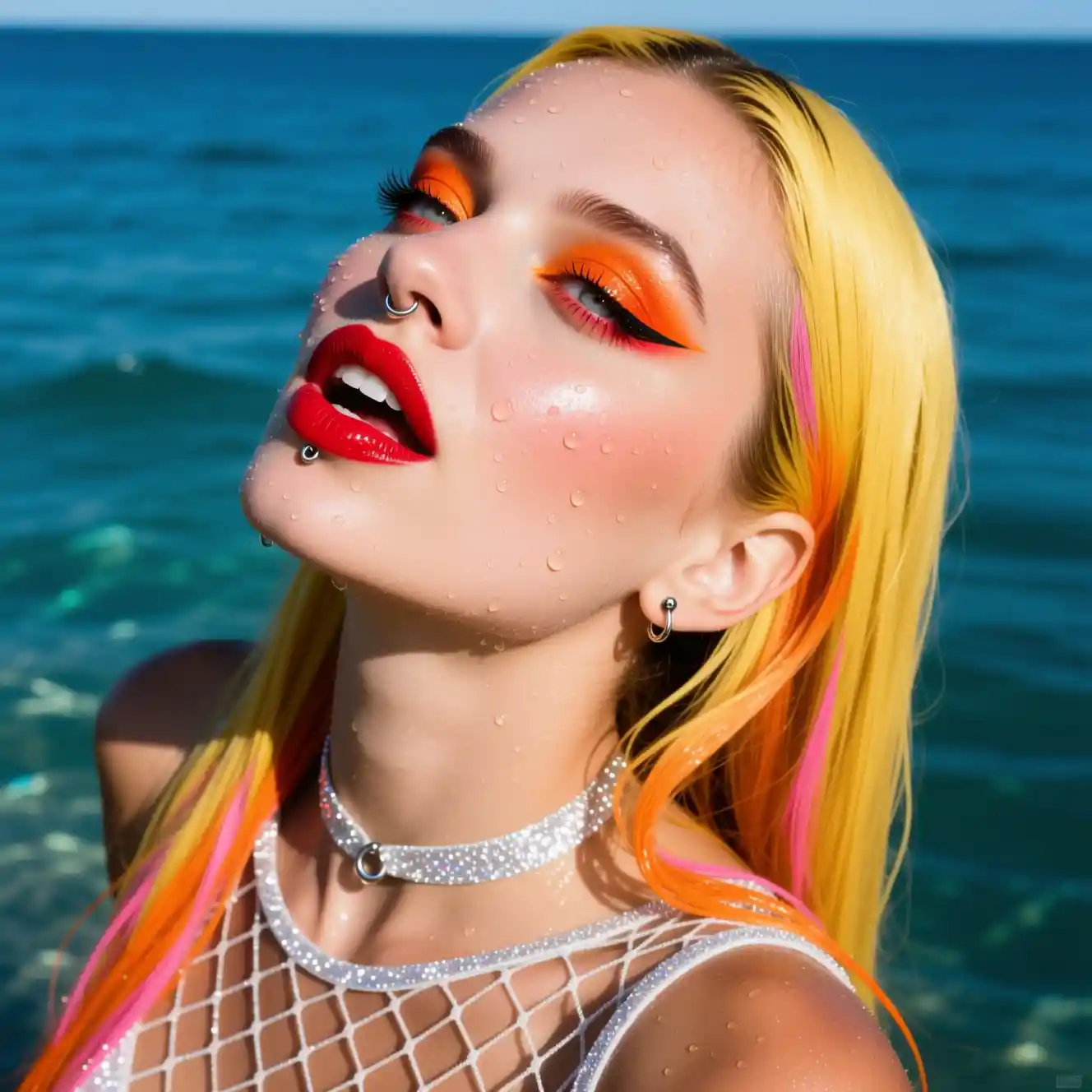 Ritratto dall’alto al sole di una donna sensuale e scintillante