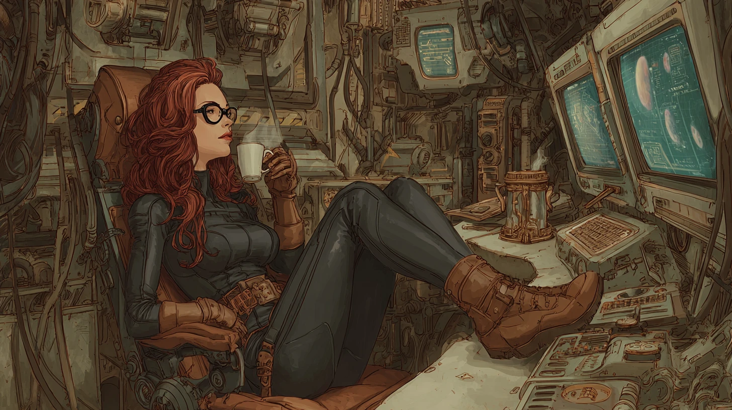 Steampunk woman relaxing in an old spaceship cockpit