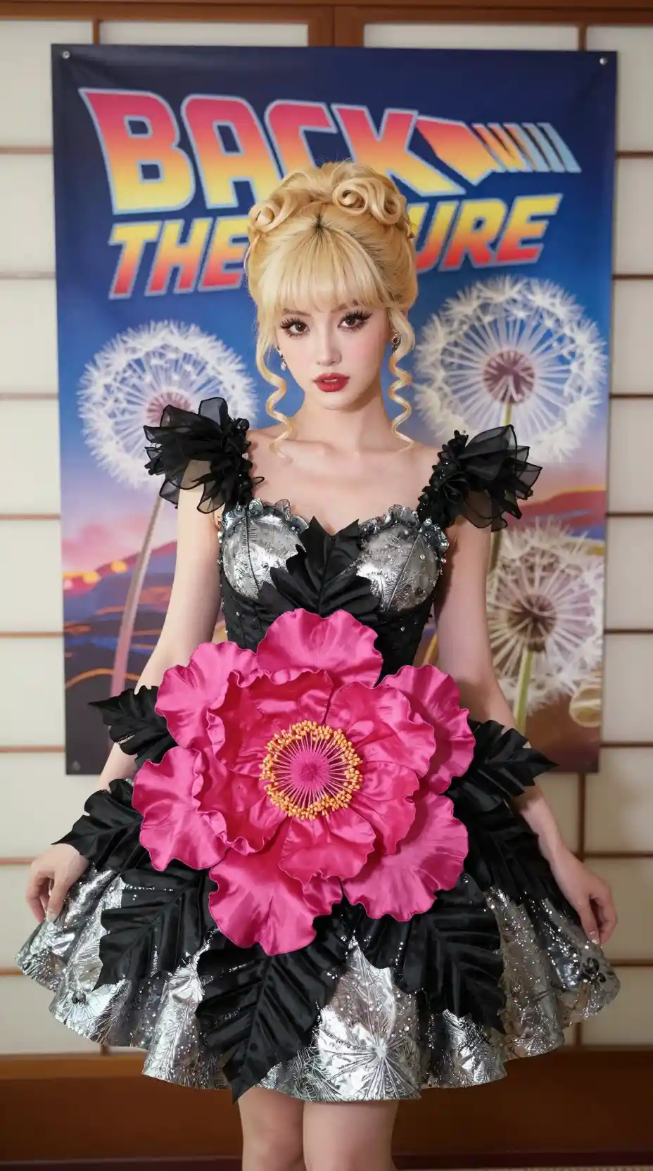 Quirky blonde girl before Japanese screen with retro wall art