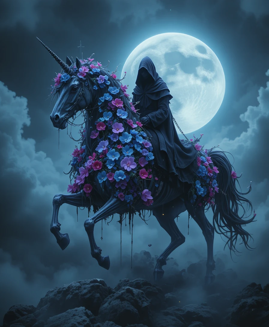 Skeleton unicorn galloping beneath a luminous full moon
