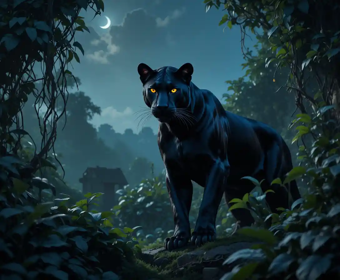 Black panther with glowing eyes in a moonlit jungle