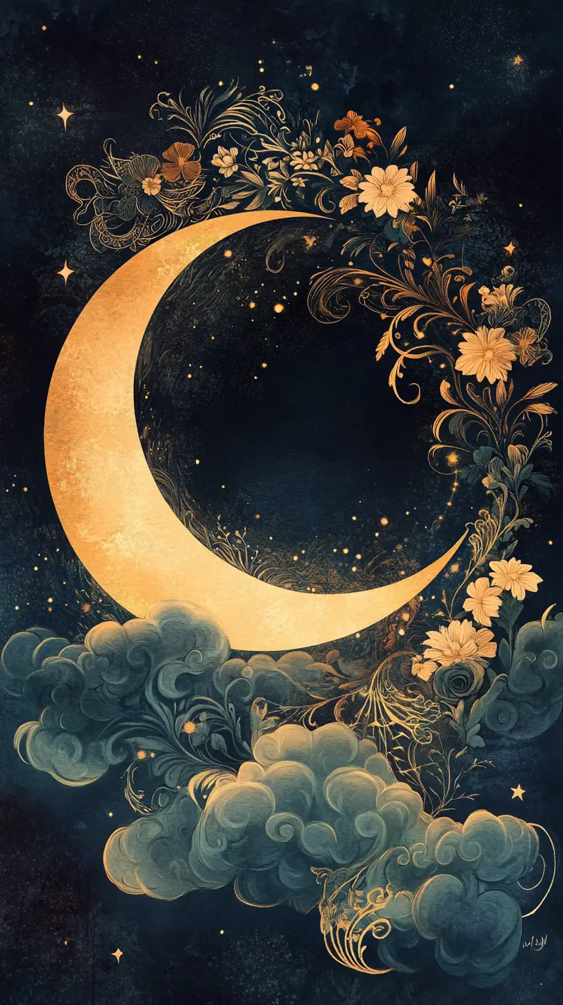 Ornate crescent moon with bear spirit in celestial space