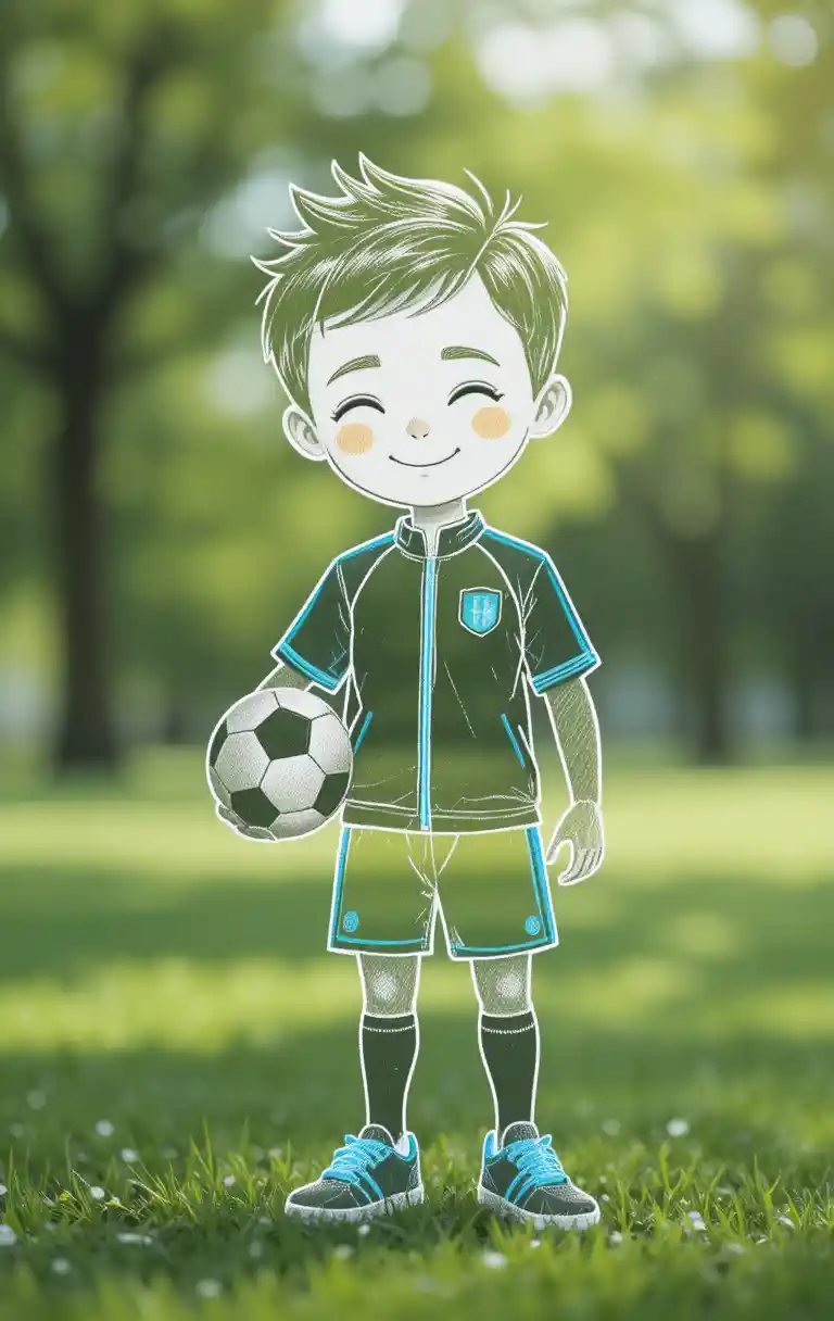 Lächelnder Junge im Kreide-Stil mit Fußball im Freien