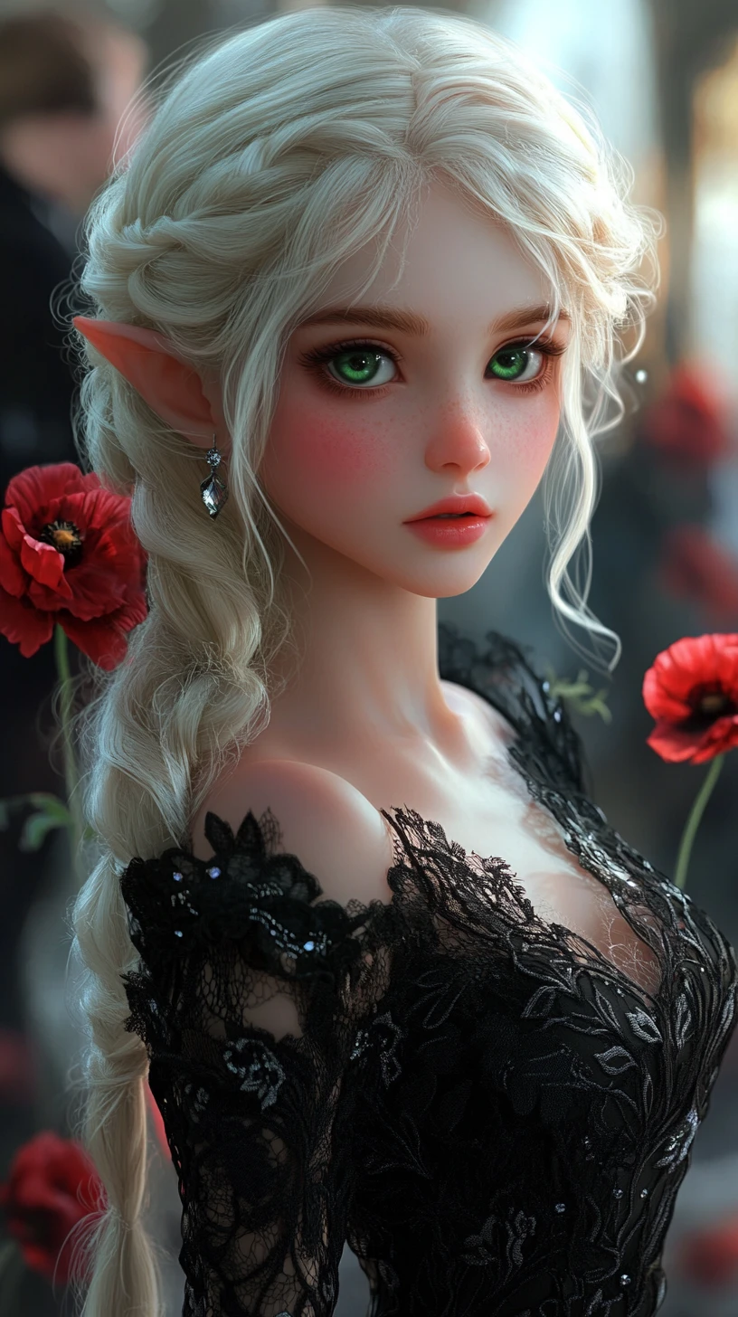 Elegant elf girl in black lace gown in grand ballroom