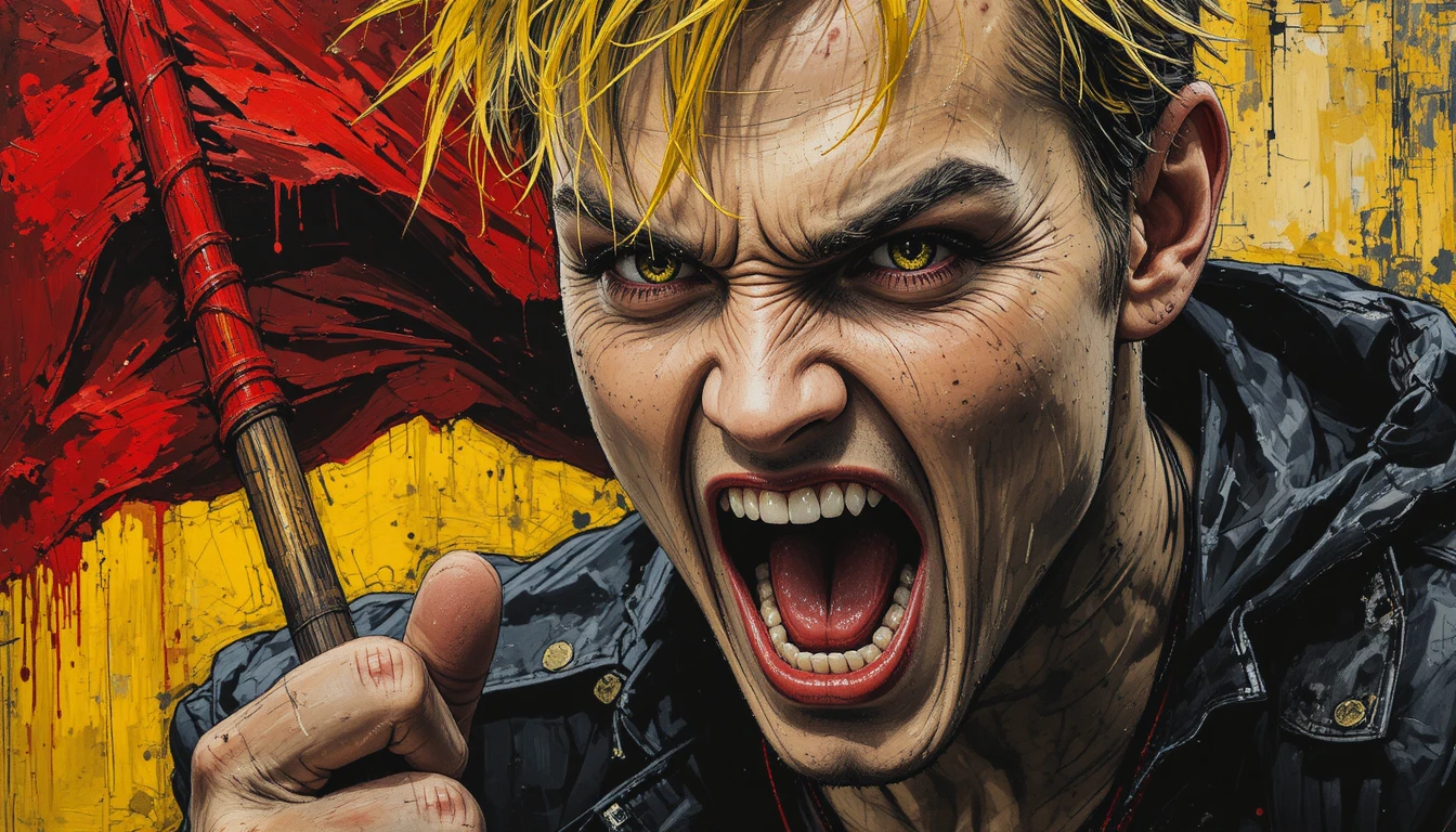 Close up punk portrait with red flag in graffiti style