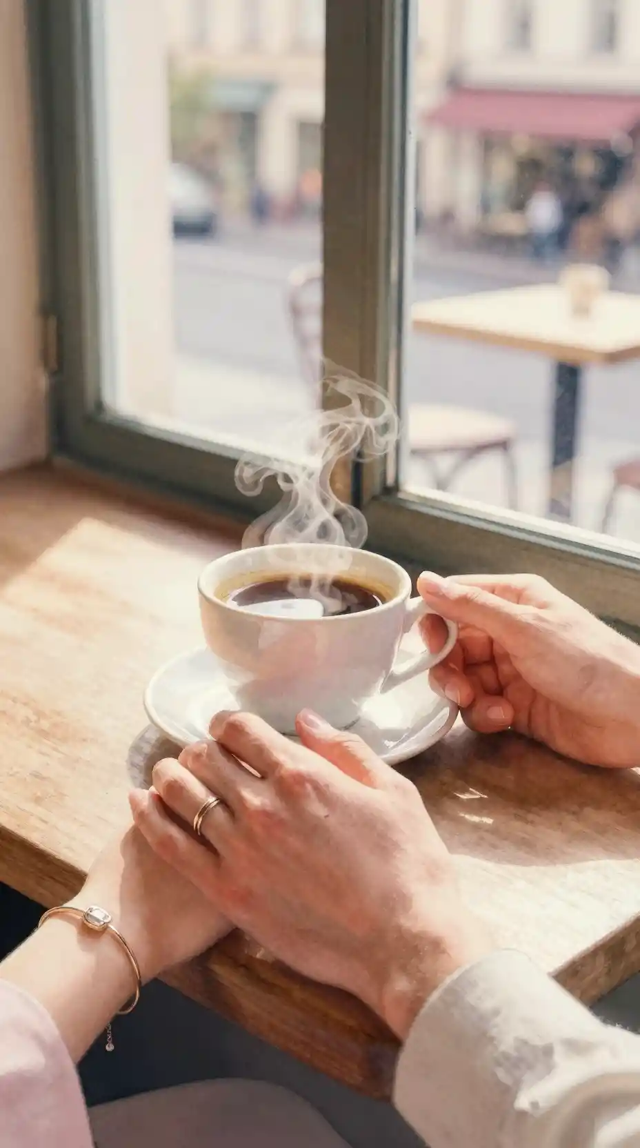 Acuarela en primer plano de manos entrelazadas sobre un café caliente