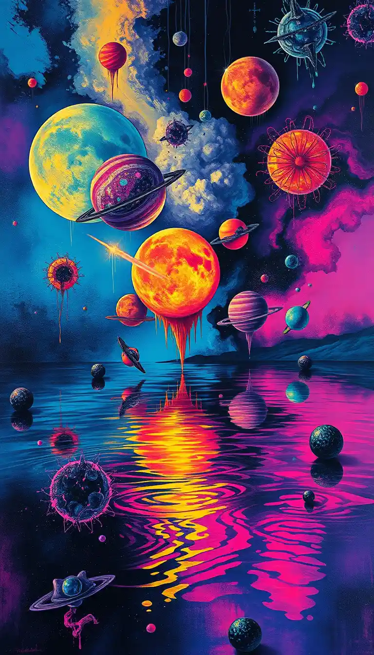 Surreal neon planets drifting in a dark cosmic dream
