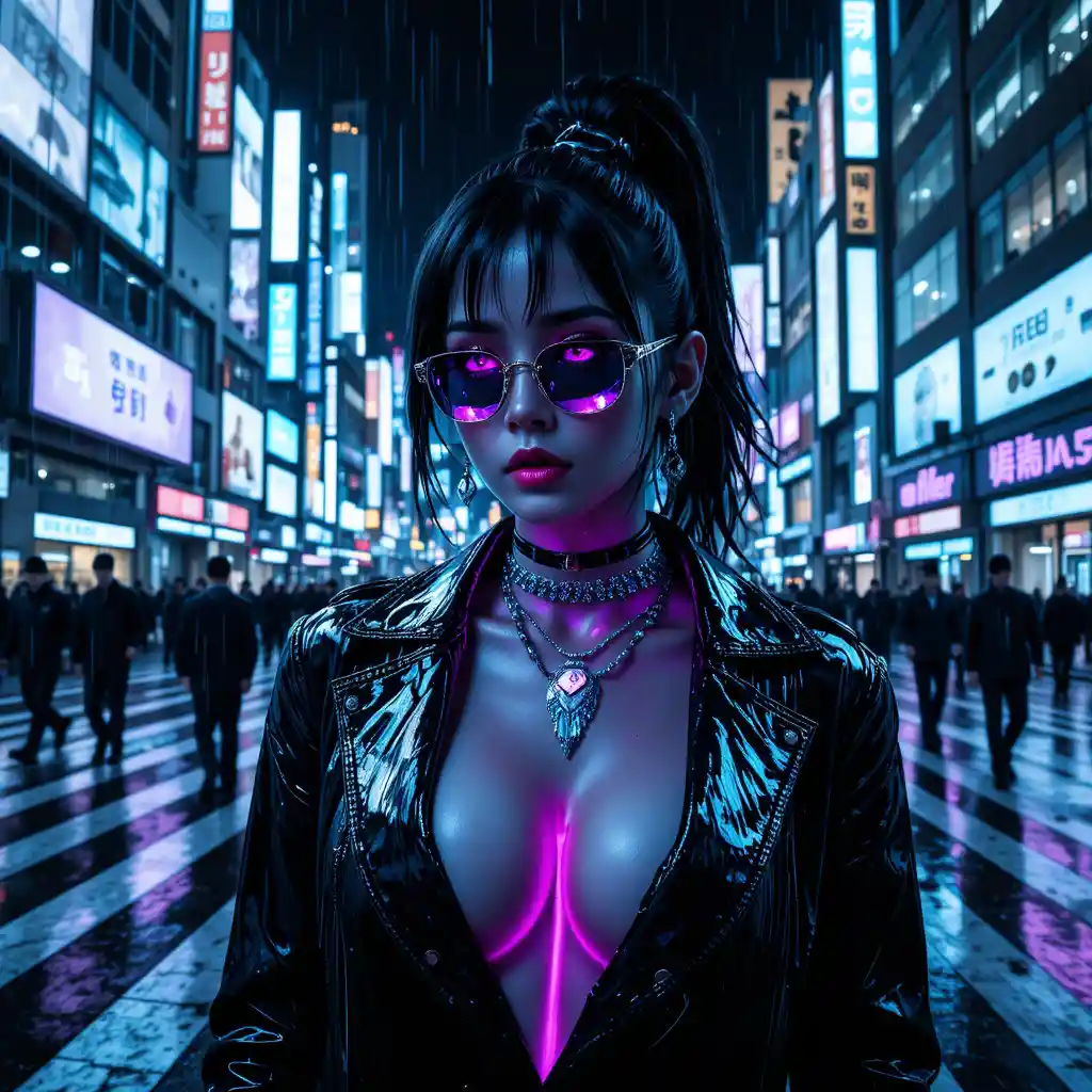 Cyber femme fatale at Shibuya Crossing in neon rain