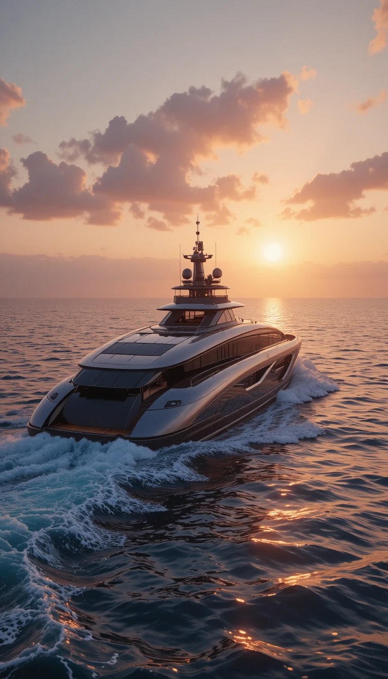 Futuristische Yacht gleitet bei Sonnenuntergang über ruhigen Ozean