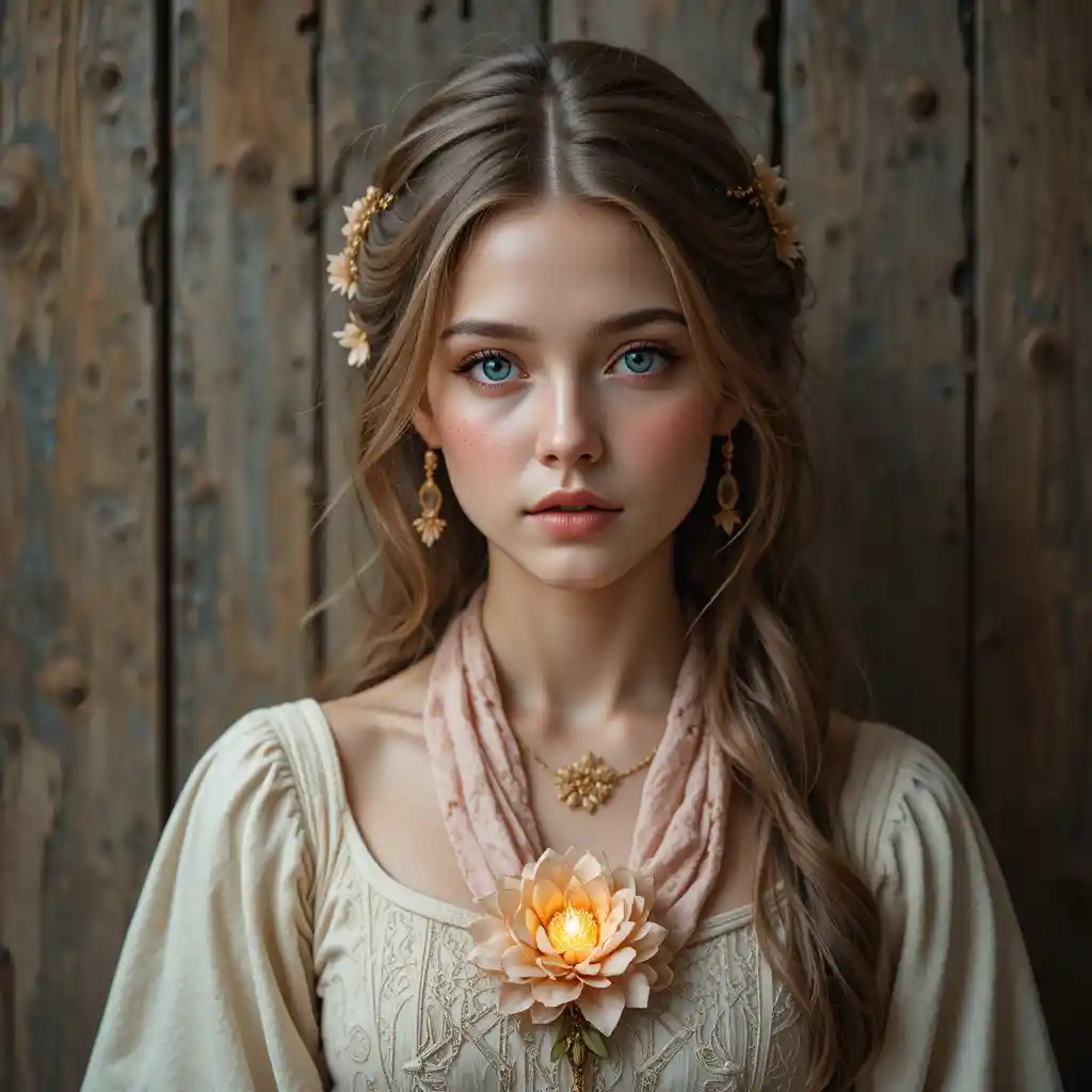 Junge sommersprossige Frau im Fantasy-Kleid mit leuchtender Brust