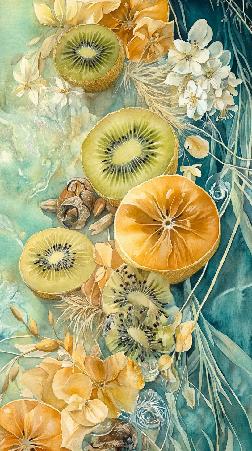 Watercolor Still Life Of Fruits With Blossoms And Grasses