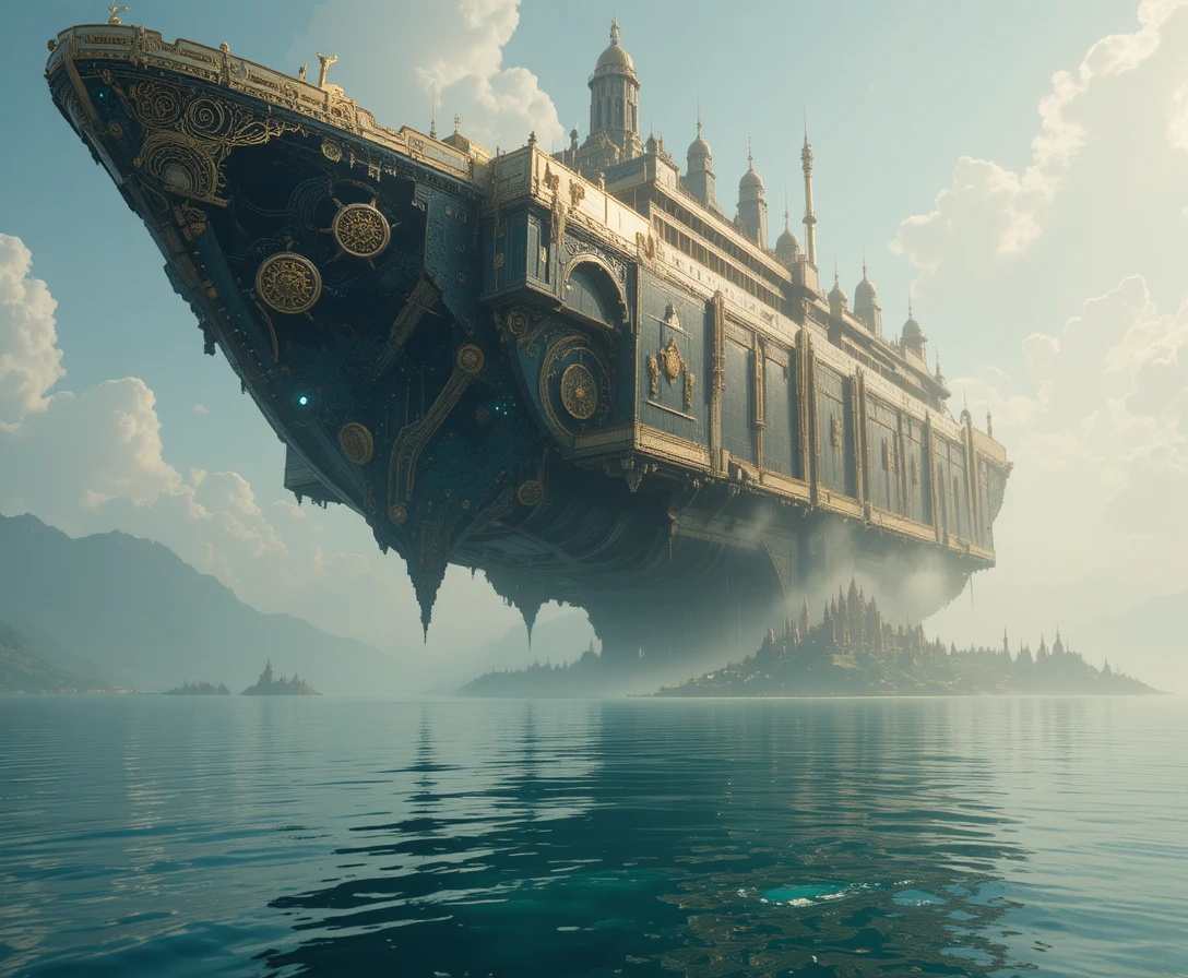 Citadelle dorée flottante au‑dessus d’un océan de cristal infini