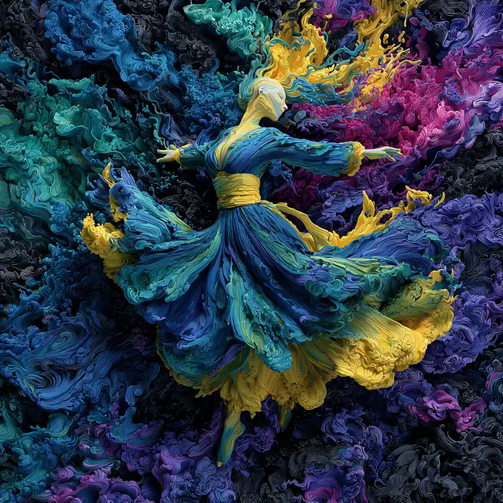 Colorful woman dancing in stormy flowing ink art