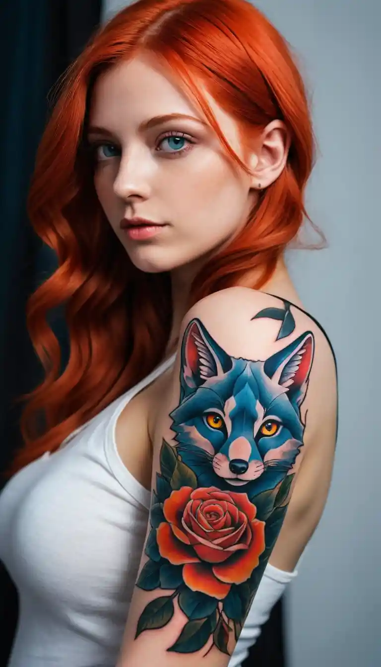 Confident tattooed redhead woman in full body studio portrait
