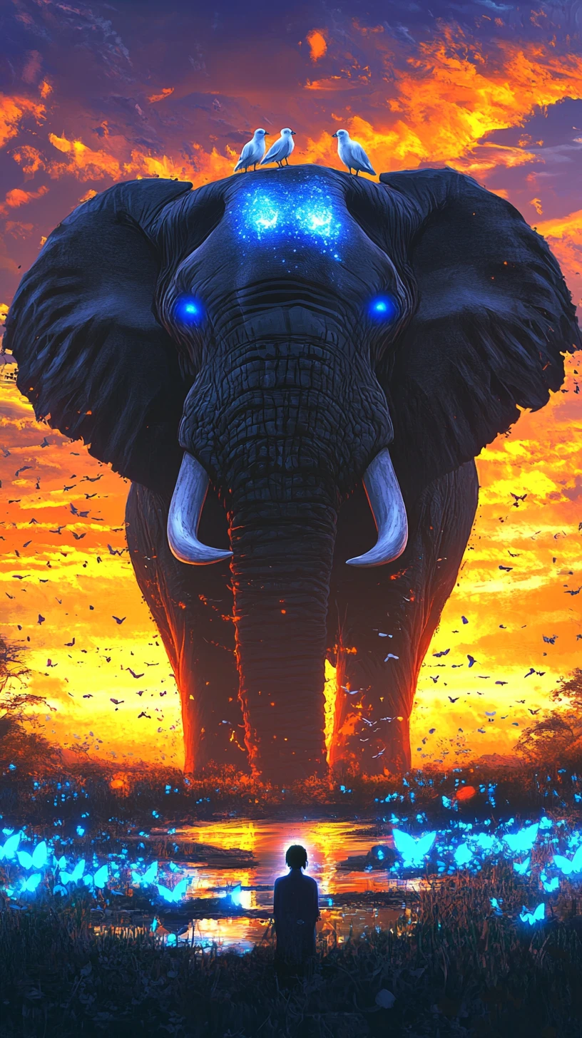 Elefante colossal no nascer do sol brilhante da savana com pequeno observador