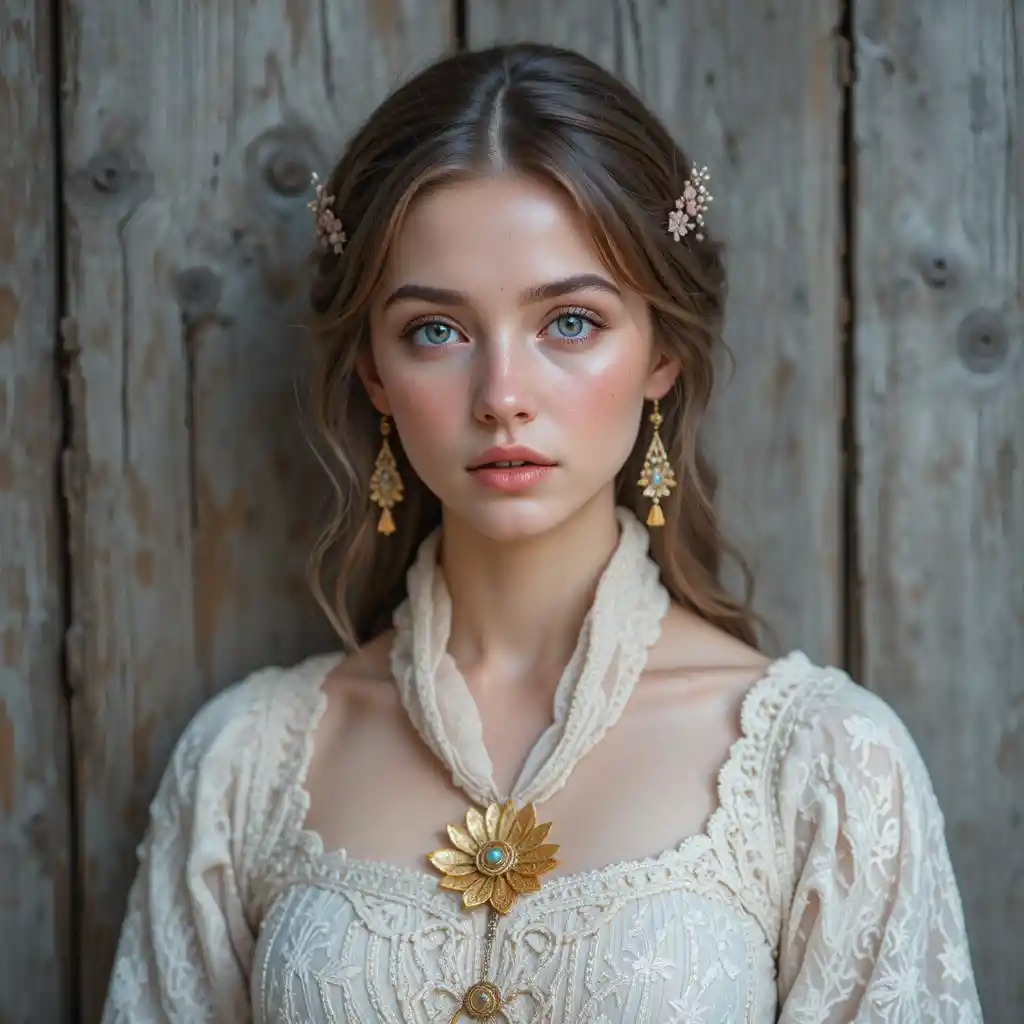 Young woman in ornate dress with glowing floral pendant