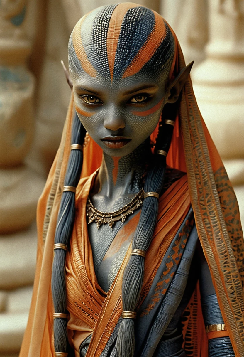 Mystical reptilian alien woman in ornate tribal robes
