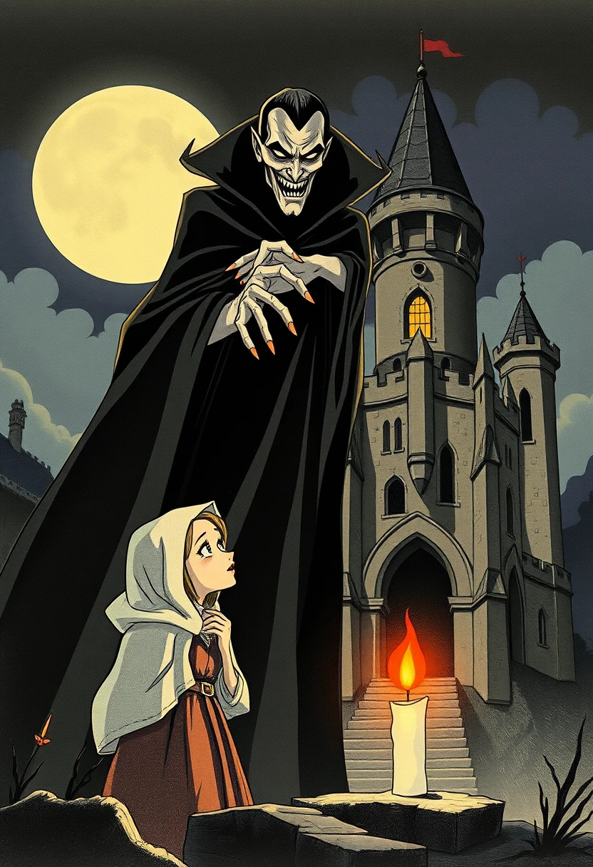 Vampiro scheletrico che incombe su contadina accanto a castello illuminato da candele