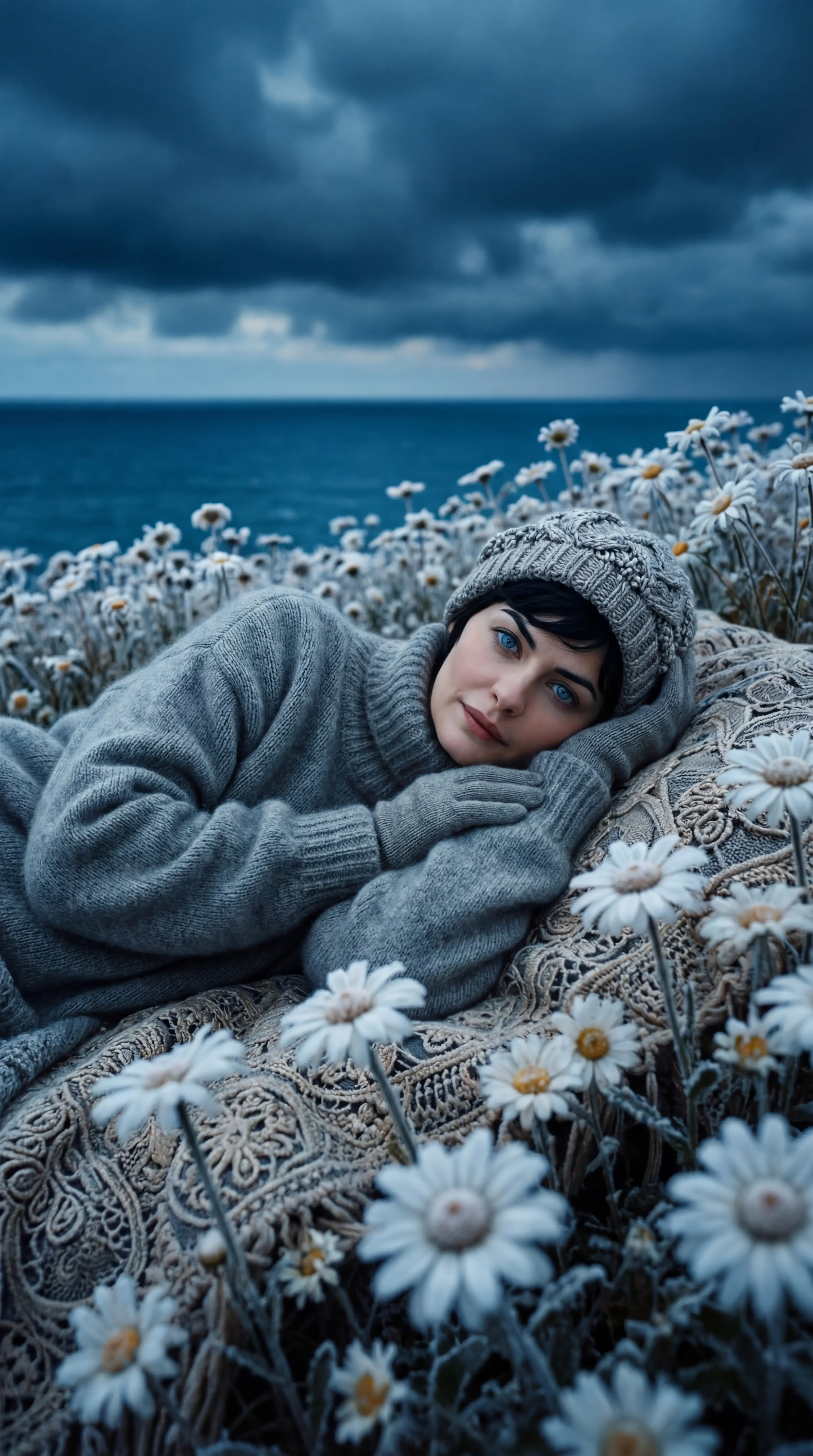 Femme se reposant sur une couverture dans un champ de marguerites gelées