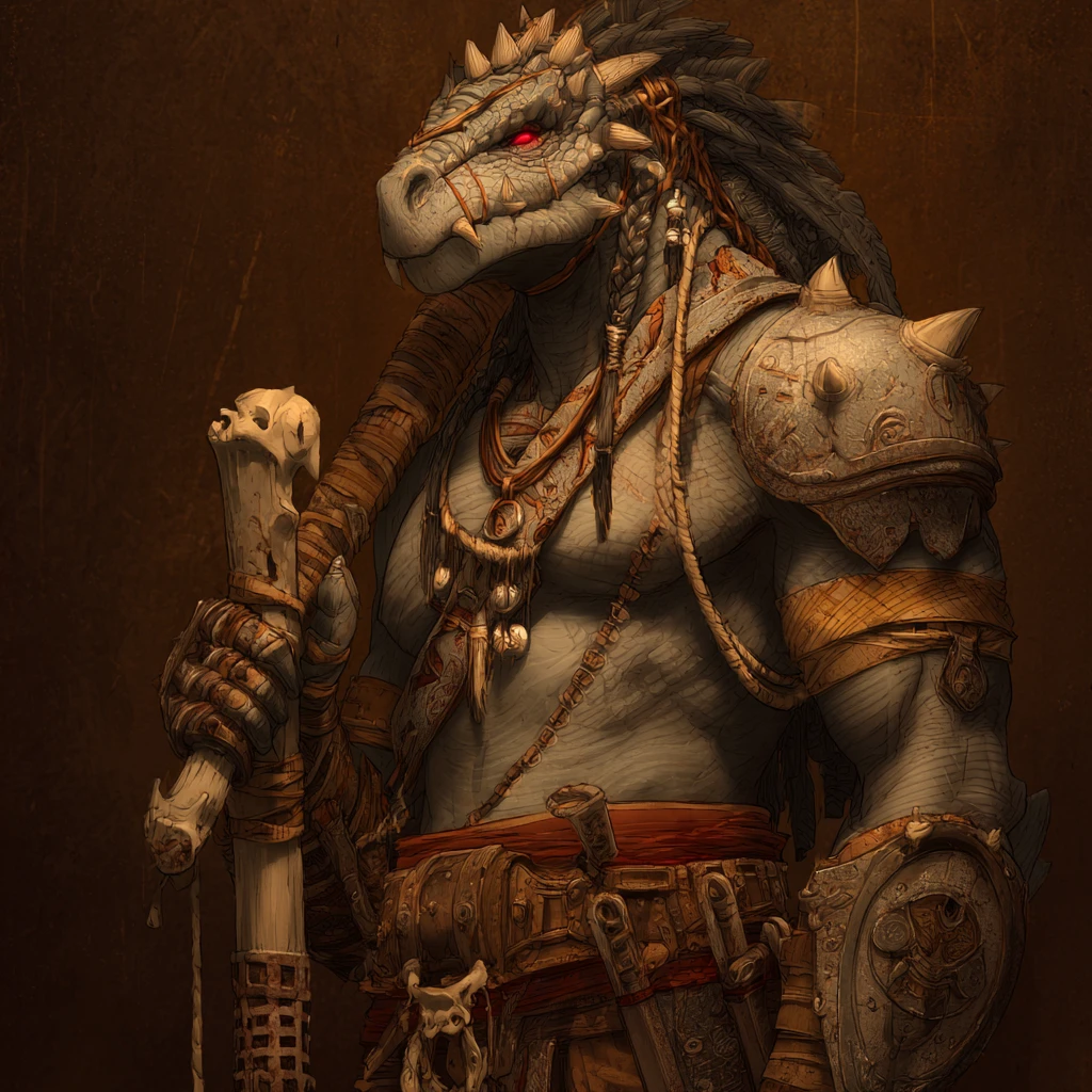 Dragonborn barbarian with bone club and brass scaled skin