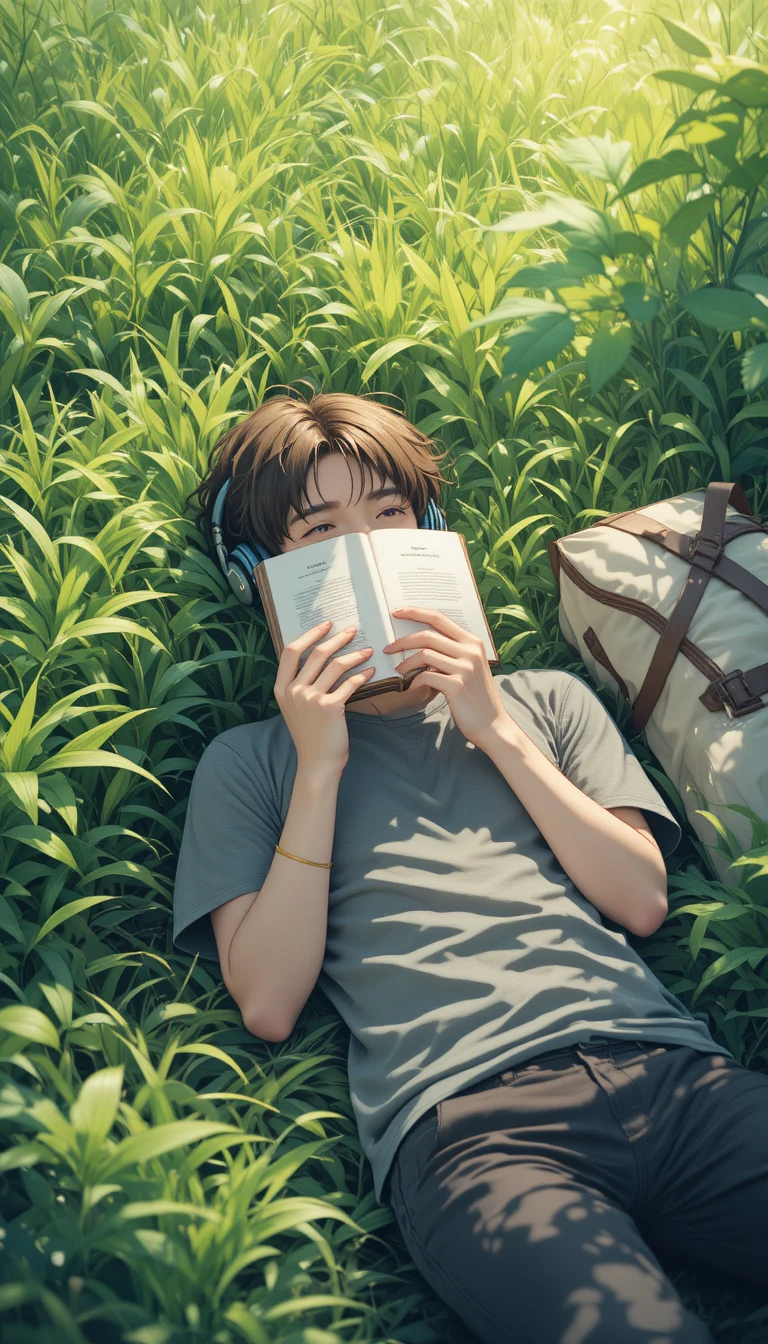 Anime boy resting in a grassy field with headphones