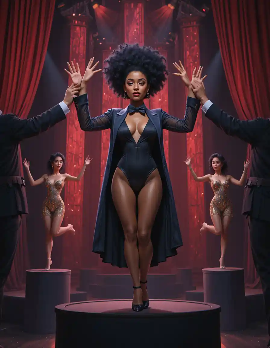 Afro American magician woman on stage with dancers