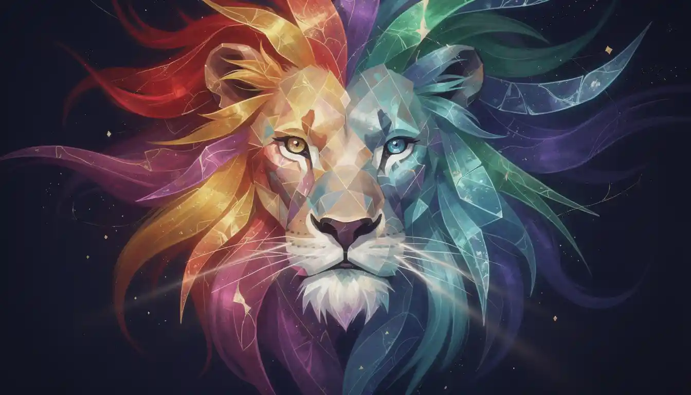 Abstract geometric lion with radiant rainbow energy mane