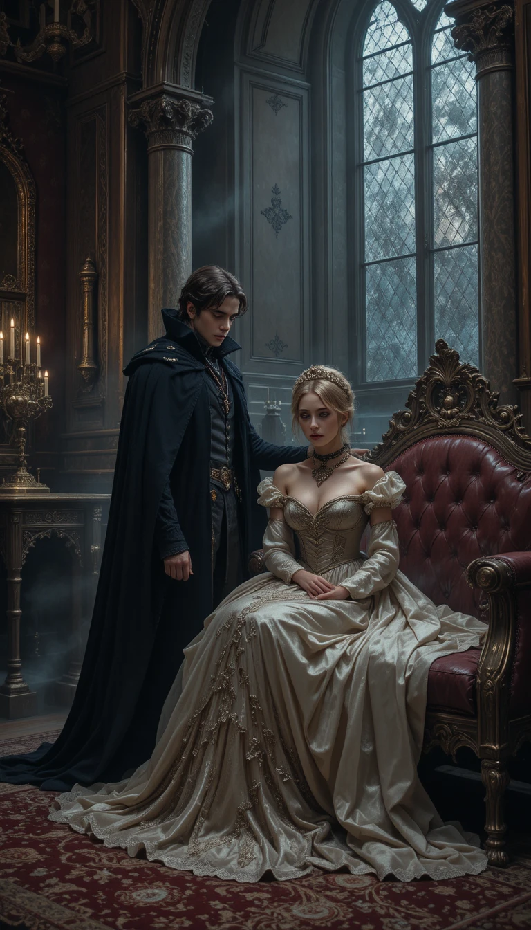 Young princess and vampire in a sombre castle interior