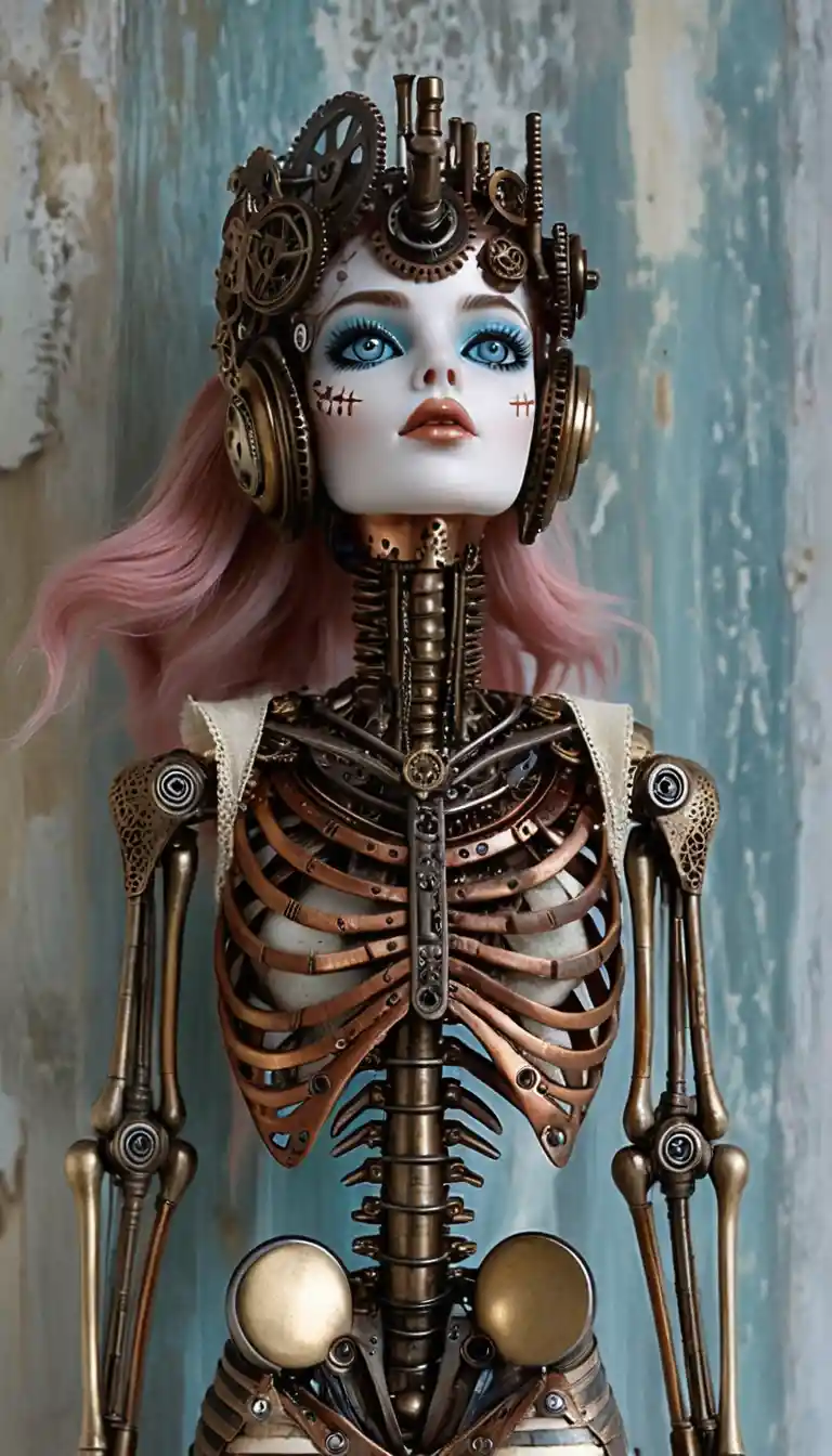 Steampunk gothic ragdoll woman in side profile view
