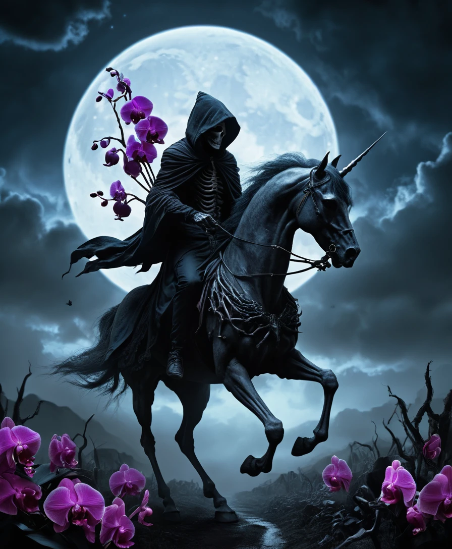 Skeletal unicorn galloping beneath a luminous full moon