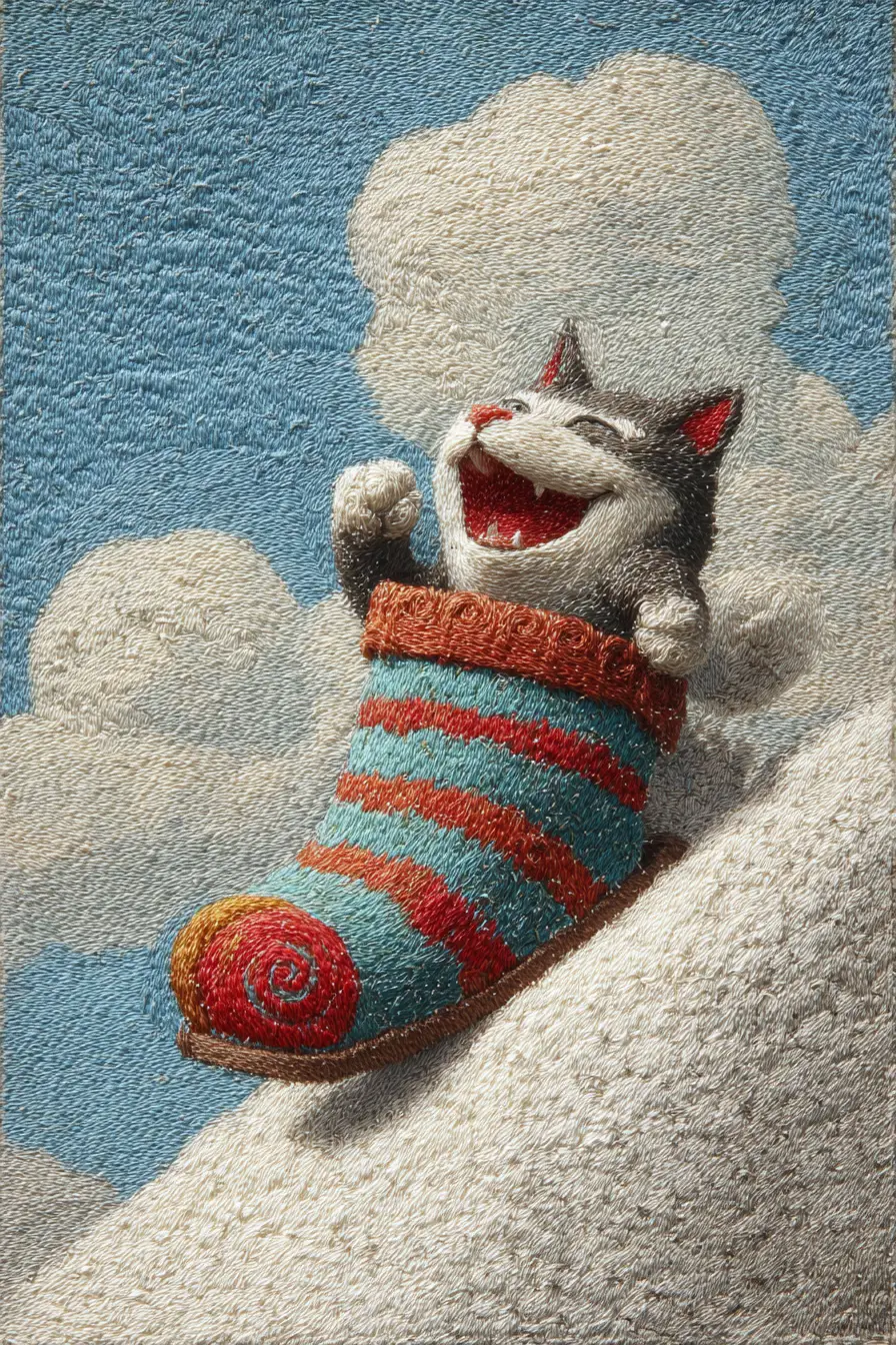 Cat Sliding Down A Snowy Hill In A Wool Sock