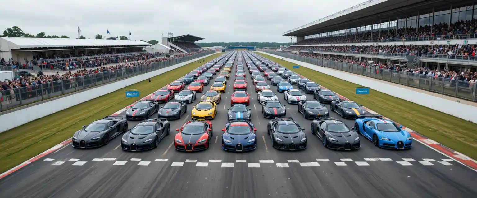 Superautos de lujo alineados en la parrilla de salida de un circuito