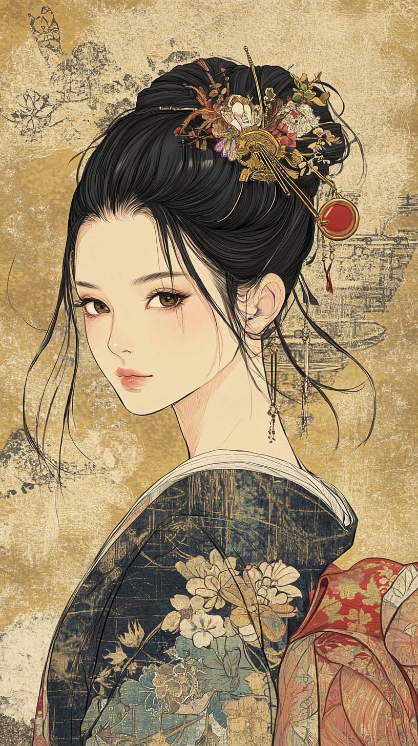 Portrait ukiyo-e d’une jeune femme asiatique en kimono