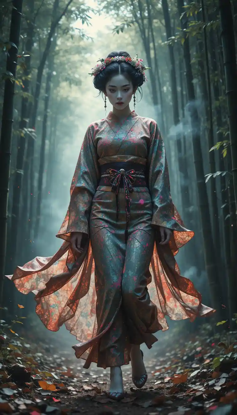 Glitched geisha walking through a dreamy bamboo forest