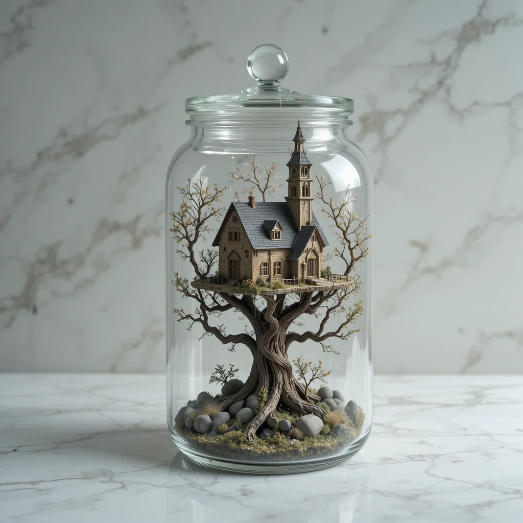 Casa e igreja em miniatura em um frasco de vidro em uma árvore