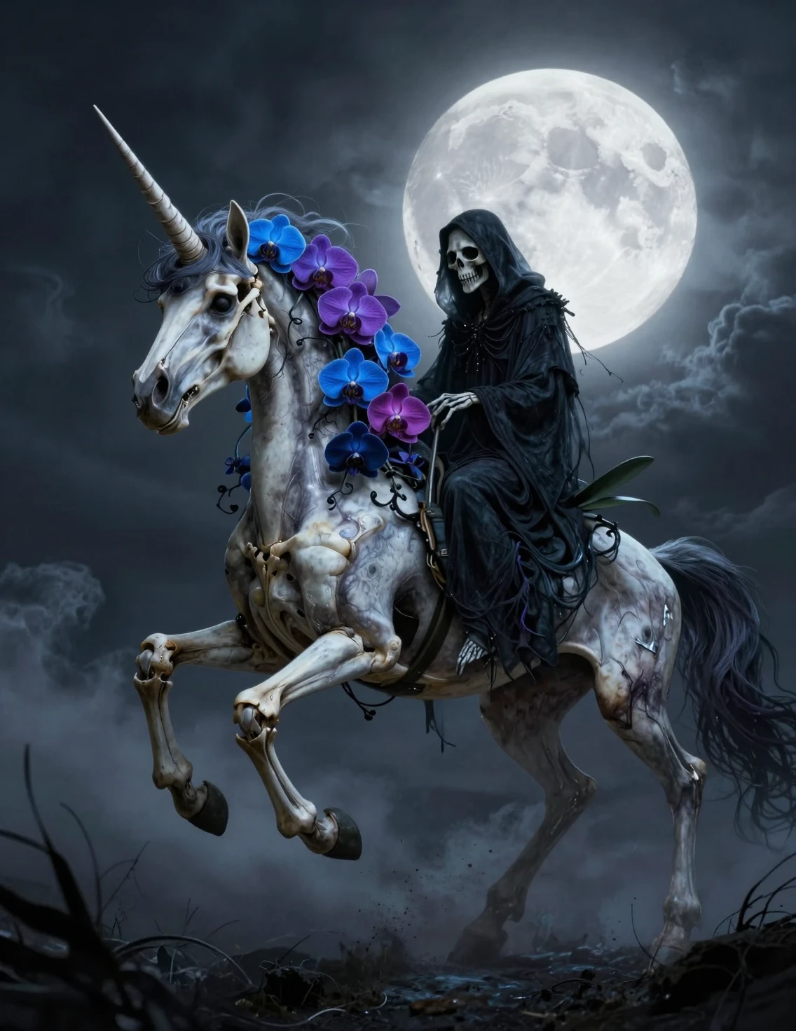 Skeletal unicorn with orchid bouquet under a luminous full moon